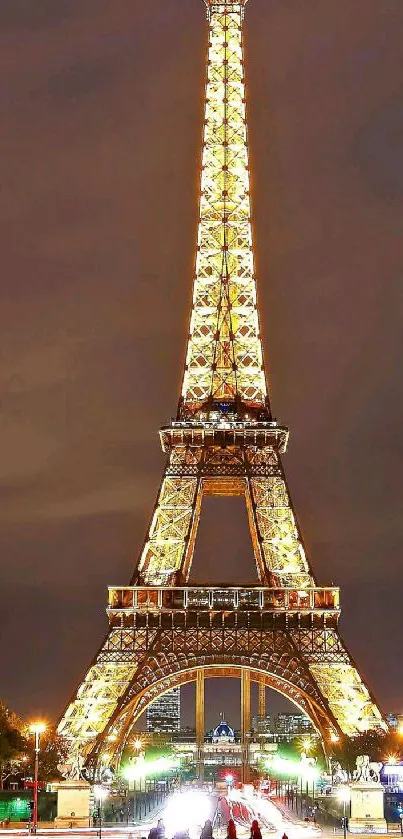 Eiffel Tower illuminated at night against a dark sky.