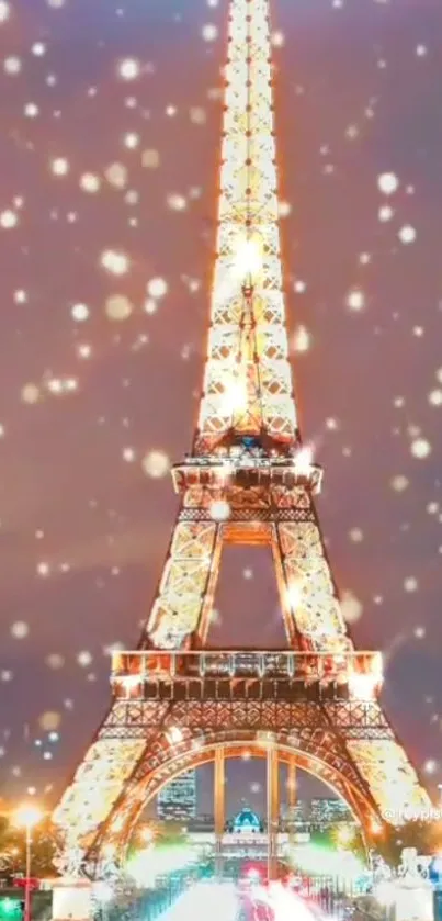 Illuminated Eiffel Tower against night sky.