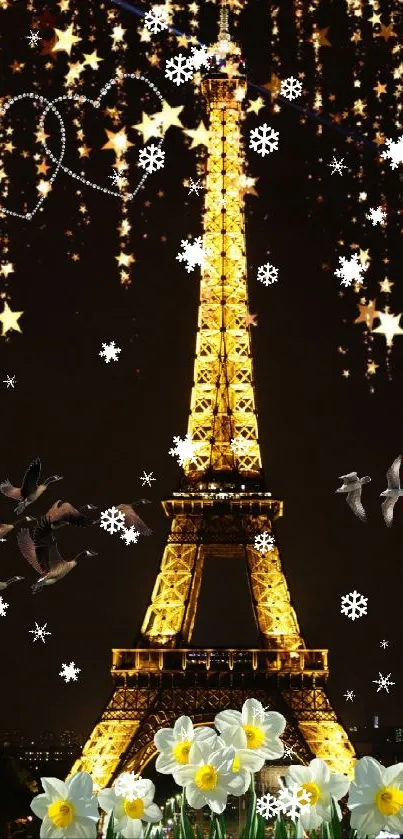 Illuminated Eiffel Tower with stars and flowers at night.