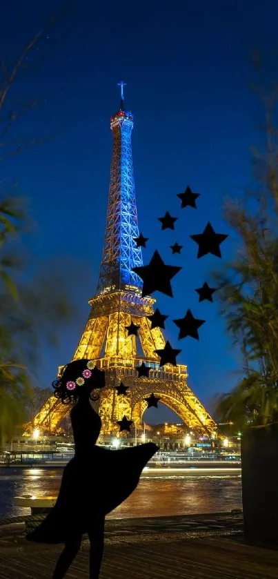 Silhouette in front of the Eiffel Tower at night with magical stars.