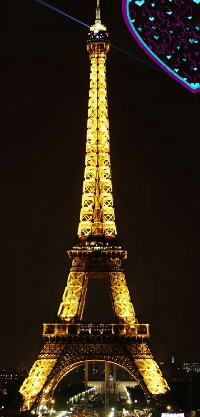 Eiffel Tower at night with a heart design, showcasing romantic Paris.