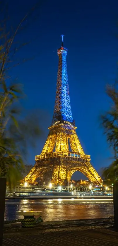 Eiffel Tower beautifully illuminated at night, framed by greenery.