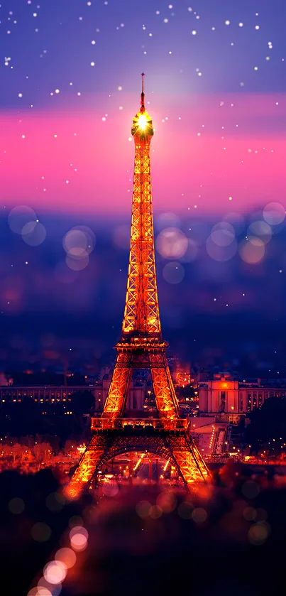 Illuminated Eiffel Tower against a vibrant purple night sky.