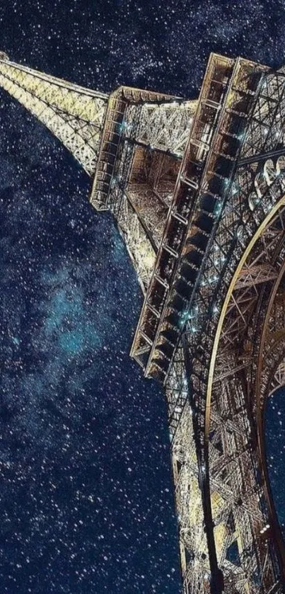 Eiffel Tower against a starry night sky scene.