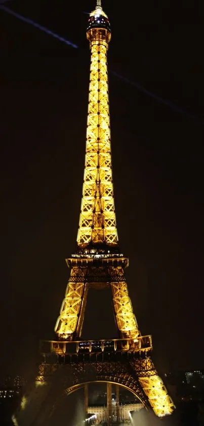 Illuminated Eiffel Tower at night, glowing against the Parisian skyline.