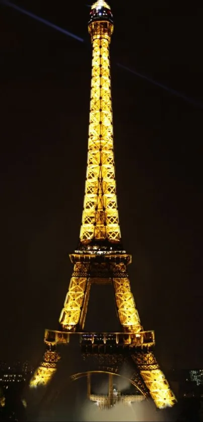 Eiffel Tower illuminated at night against a dark sky.