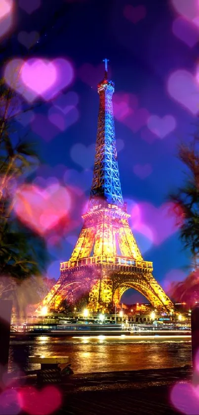 Illuminated Eiffel Tower against a blue night sky.