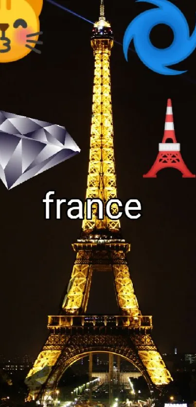 Eiffel Tower at night with playful emojis and the word France.