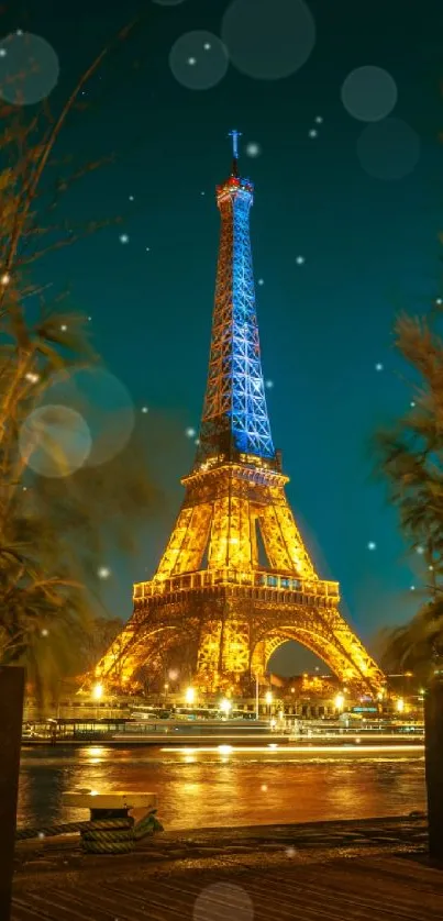 Eiffel Tower glowing at night with scenic view.