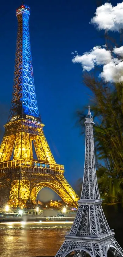 Eiffel Tower illuminated against a night sky with clouds.