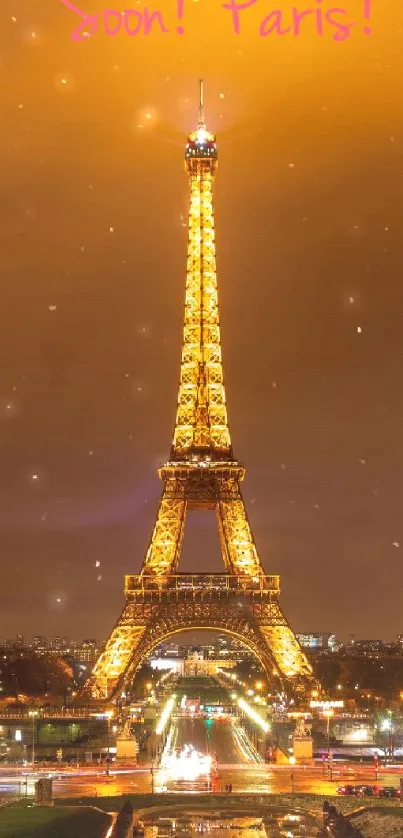 Eiffel Tower illuminated at night in Paris with city lights.