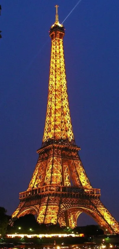 Eiffel Tower glowing at night against a navy blue sky.