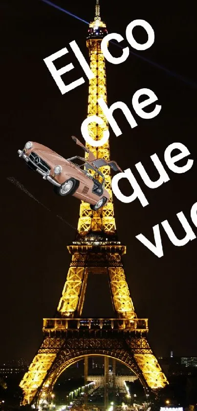 Eiffel Tower with a flying vintage car at night wallpaper.