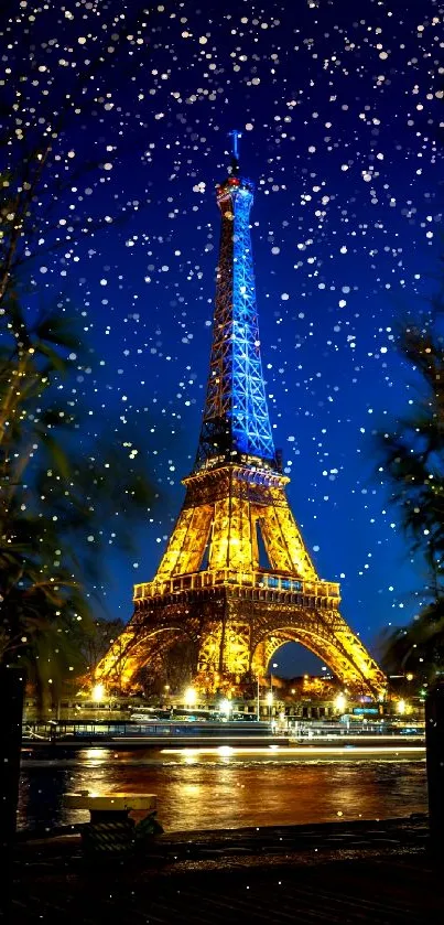 Eiffel Tower illuminated at night in Paris, stunning view.