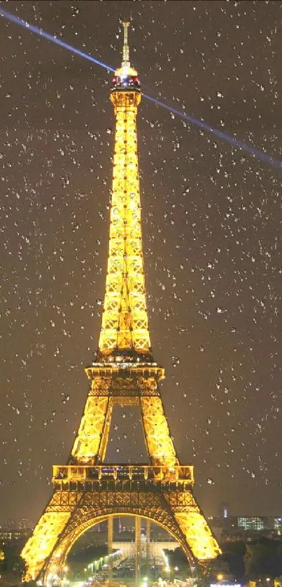 Eiffel Tower illuminated at night with a starry sky backdrop.