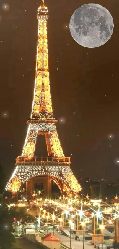 Eiffel Tower illuminated at night with a full moon in the background.