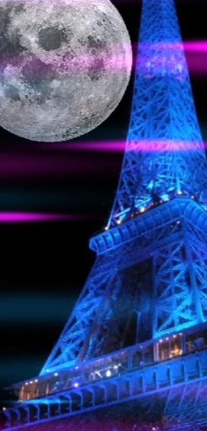 Eiffel Tower illuminated in blue under a full moon night sky.