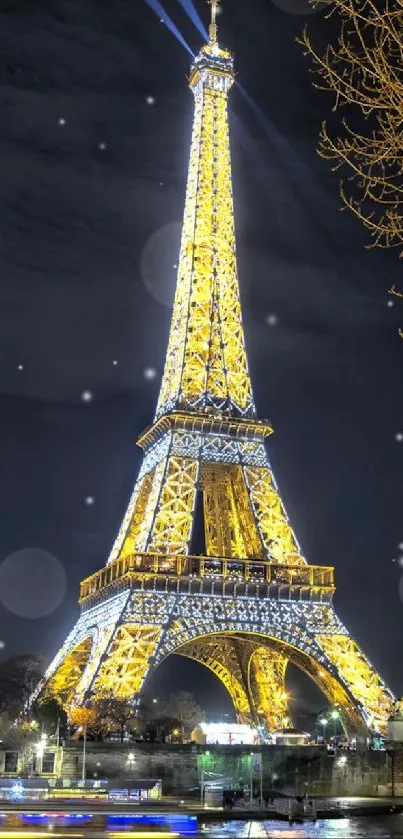 Eiffel Tower illuminated at night with reflections on the Seine River.