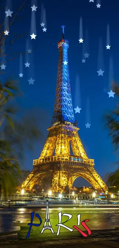 Eiffel Tower night view with stars and Paris text on a blue background.