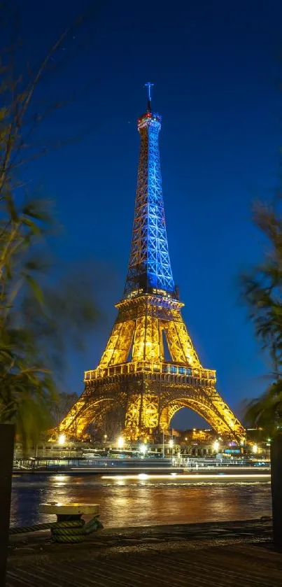 Stunning Eiffel Tower illuminated at night with a scenic view.