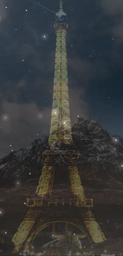 Eiffel Tower against a starry night sky with mountainous silhouette.