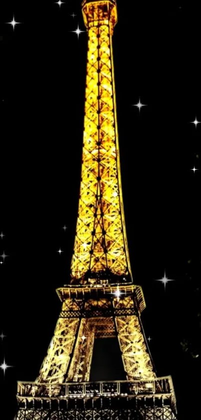 Illuminated Eiffel Tower against night sky, shining brightly.