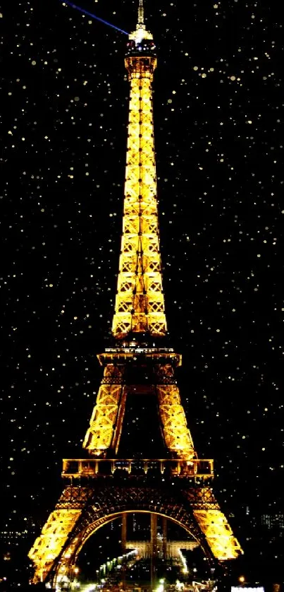 Eiffel Tower illuminated at night with a black sky backdrop.