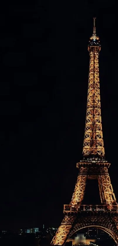 Eiffel Tower illuminated at night against a dark sky.