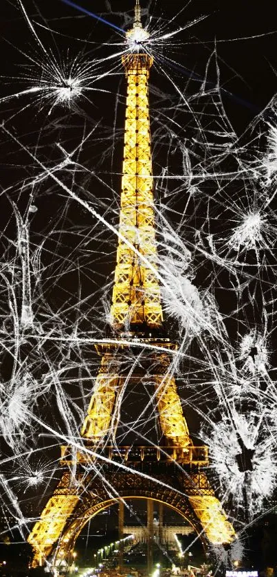 Illuminated Eiffel Tower at night, shining against the dark Paris sky.