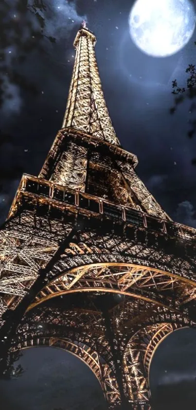 Eiffel Tower under a bright moonlit sky at night.