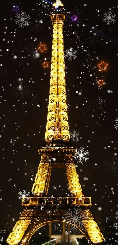 Golden Eiffel Tower at night with snowflakes and starry sky in Paris.