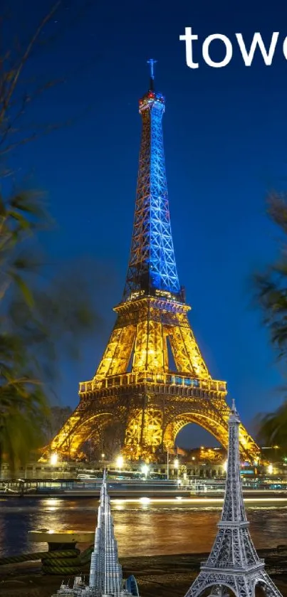 Eiffel Tower glowing at night in Paris, France.