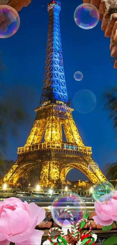 Eiffel Tower illuminated at night with roses and brick archway.