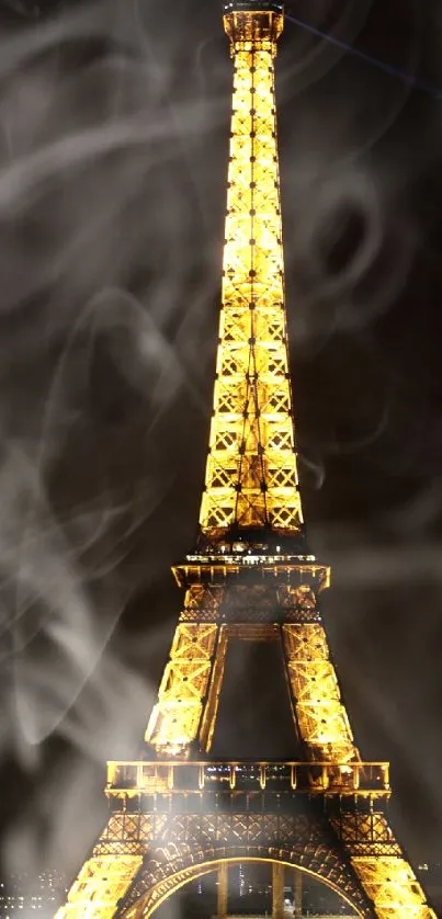 Eiffel Tower at night with glowing lights and smoke