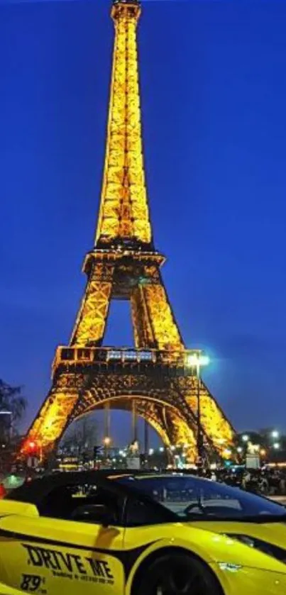 Illuminated Eiffel Tower and yellow car under a midnight blue sky.