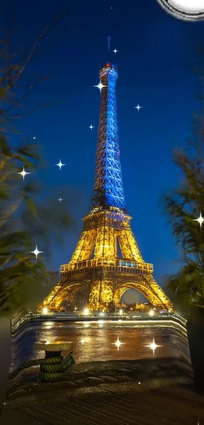 Eiffel Tower illuminated at night with a starry sky backdrop.