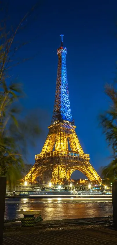 Eiffel Tower illuminated against a night sky.