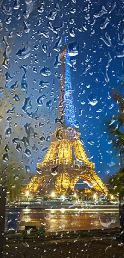 Eiffel Tower illuminated against a night sky with reflections in the water.