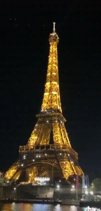 Eiffel Tower illuminated at night against a dark sky.