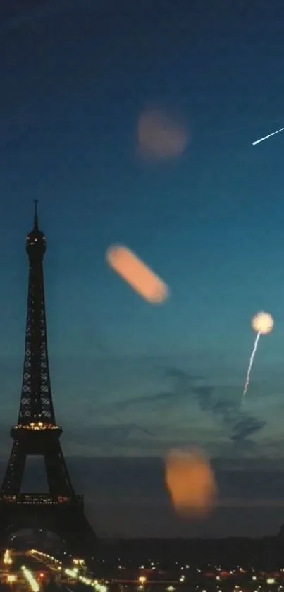 Eiffel Tower with fireworks against a dark blue night sky.