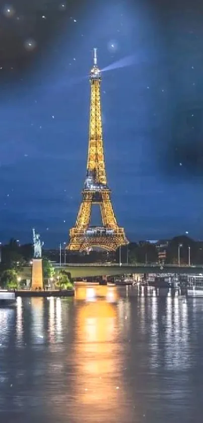 Eiffel Tower illuminated at night with a starry sky and reflective waters.