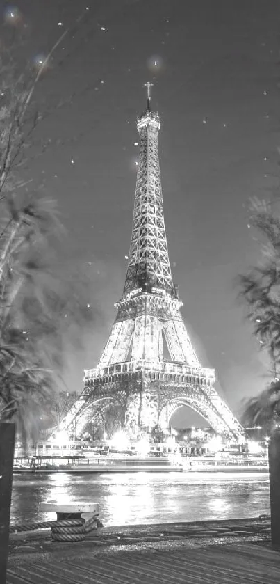 Black and white Eiffel Tower wallpaper with Parisian nightscape.