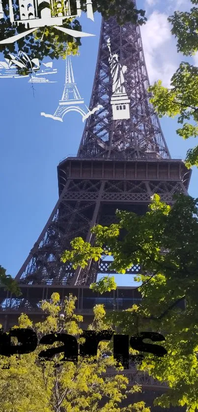 Eiffel Tower set against a blue sky with lush green trees in Paris.