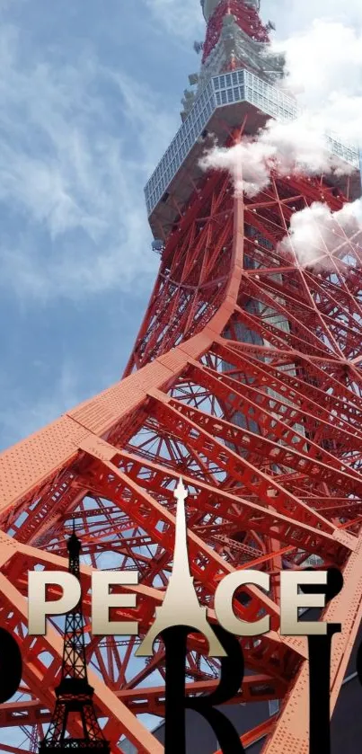 Eiffel Tower over Paris with peace text on blue sky background.