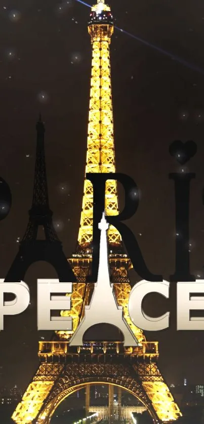 Illuminated Eiffel Tower with peace text overlay at night.