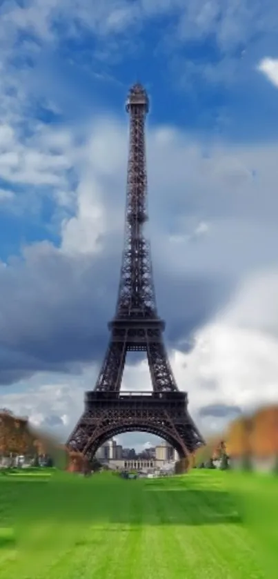 Eiffel Tower with blue sky and green park wallpaper.