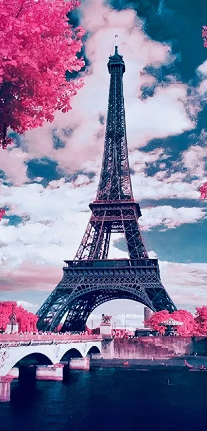 Eiffel Tower in vibrant pink and blue hues, gazing over a dreamy landscape.