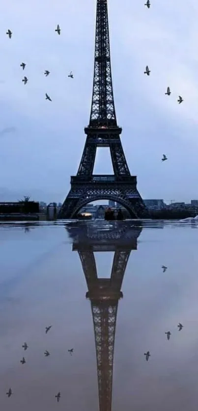 Mobile wallpaper of Eiffel Tower reflected in calm waters with birds in the sky.