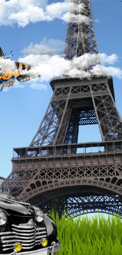 Eiffel Tower with butterfly and vintage car on a sunny day.