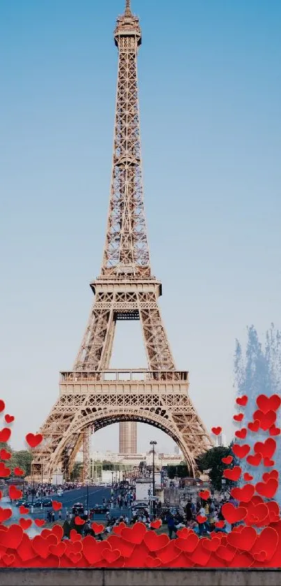 Eiffel Tower adorned with red hearts in chic Parisian style.